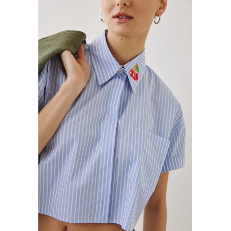 Πουκάμισο ριγέ crop με patch κεντημένο κερασάκι Figaro Fashion - 1
