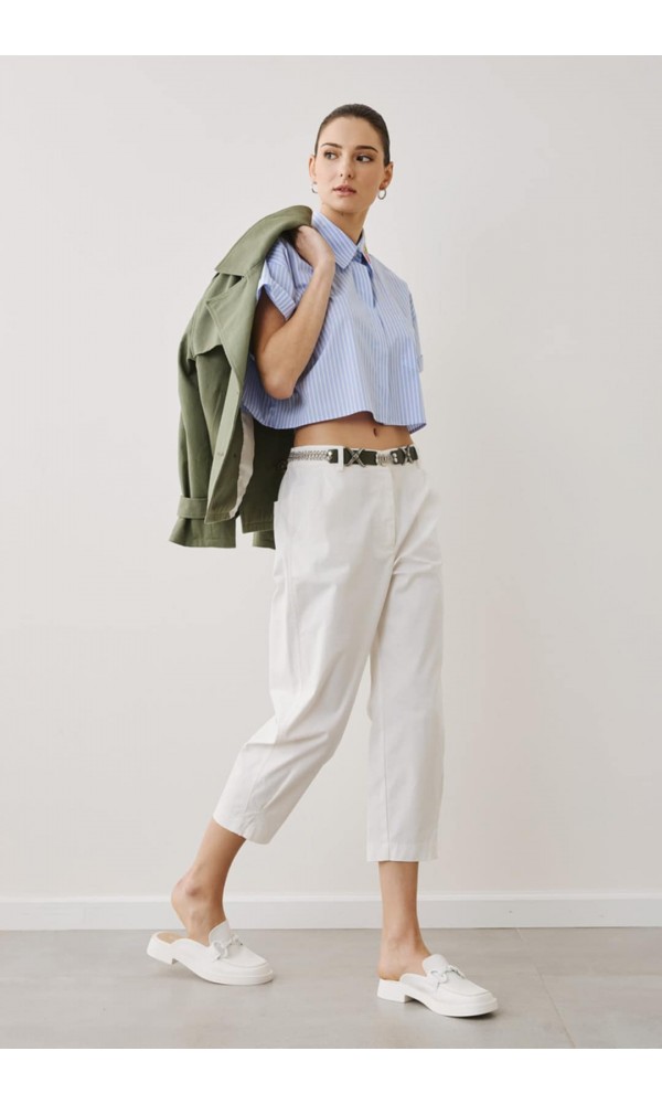 Πουκάμισο ριγέ crop με patch κεντημένο κερασάκι Figaro Fashion - 2