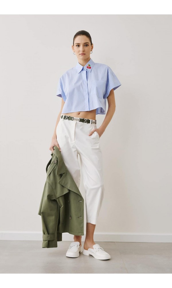 Πουκάμισο ριγέ crop με patch κεντημένο κερασάκι Figaro Fashion - 4
