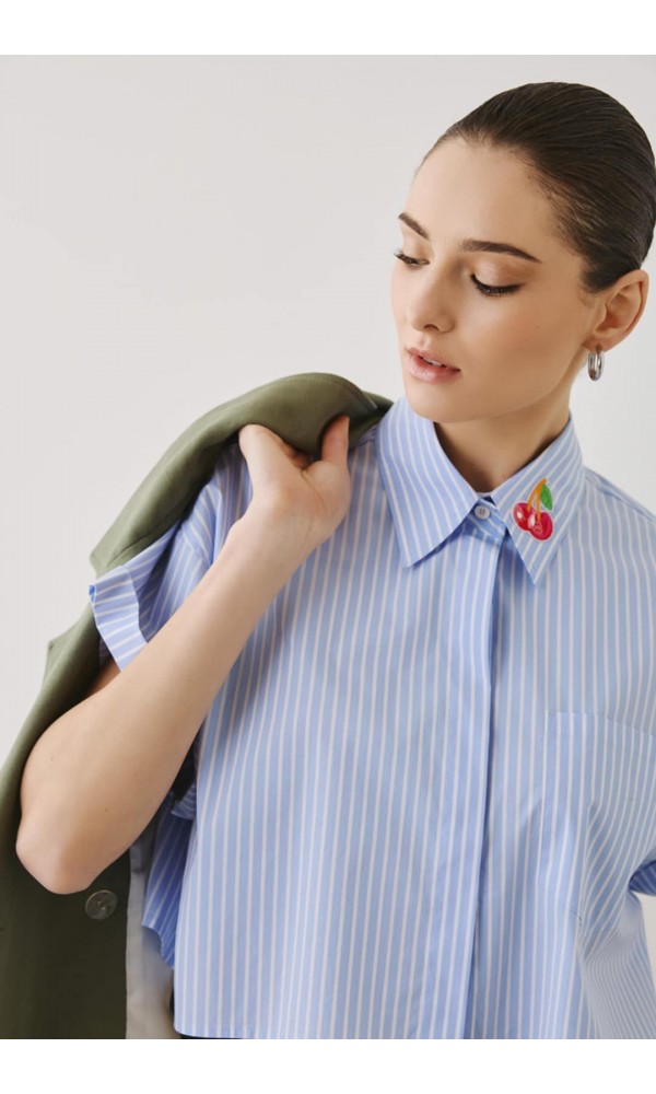 Πουκάμισο ριγέ crop με patch κεντημένο κερασάκι Figaro Fashion - 5