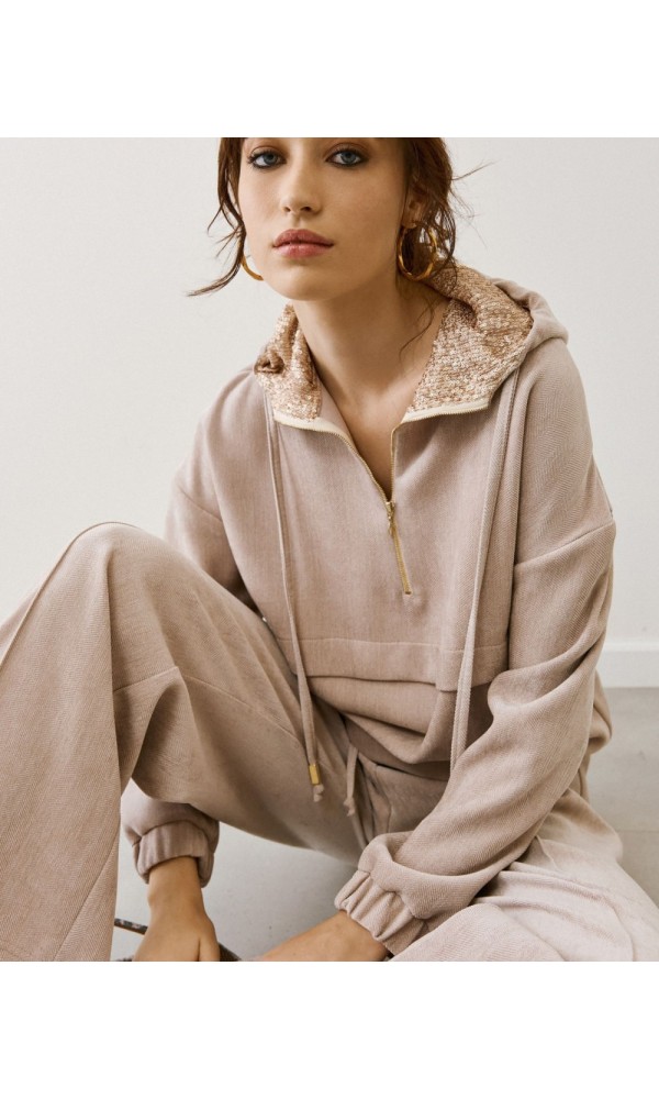 Φόρμα με Κουκούλα & Φαρδύ Παντελόνι – Μπεζ - 2