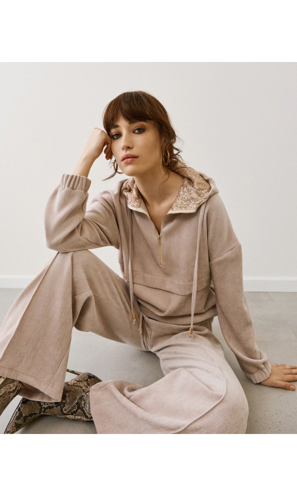 Φόρμα με Κουκούλα & Φαρδύ Παντελόνι – Μπεζ - 3