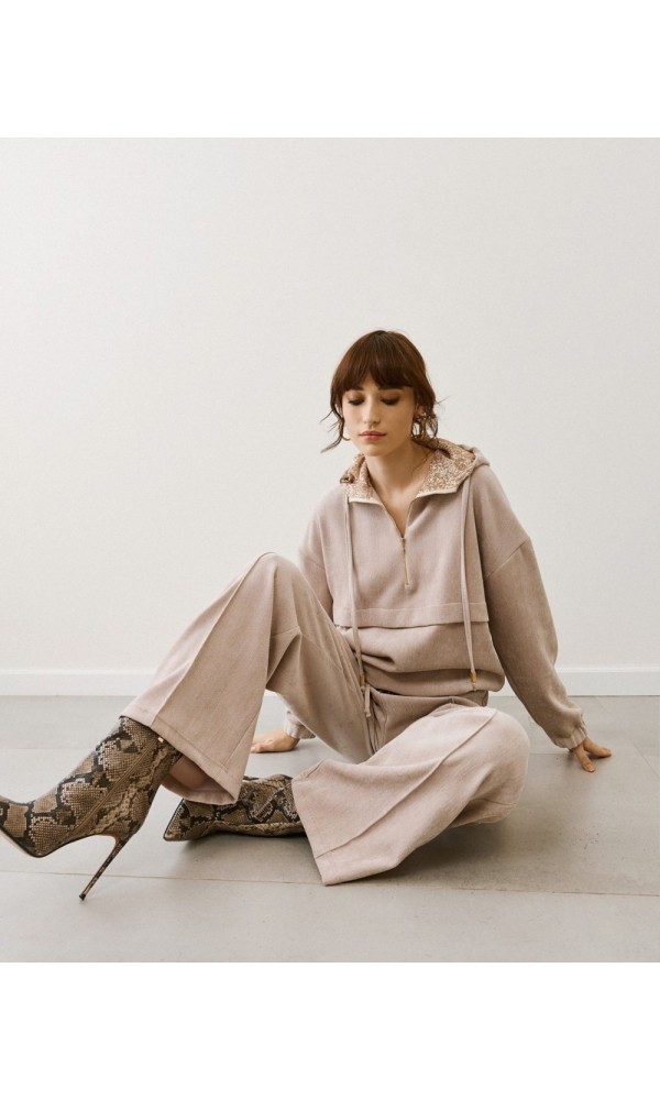 Φόρμα με Κουκούλα & Φαρδύ Παντελόνι – Μπεζ - 4