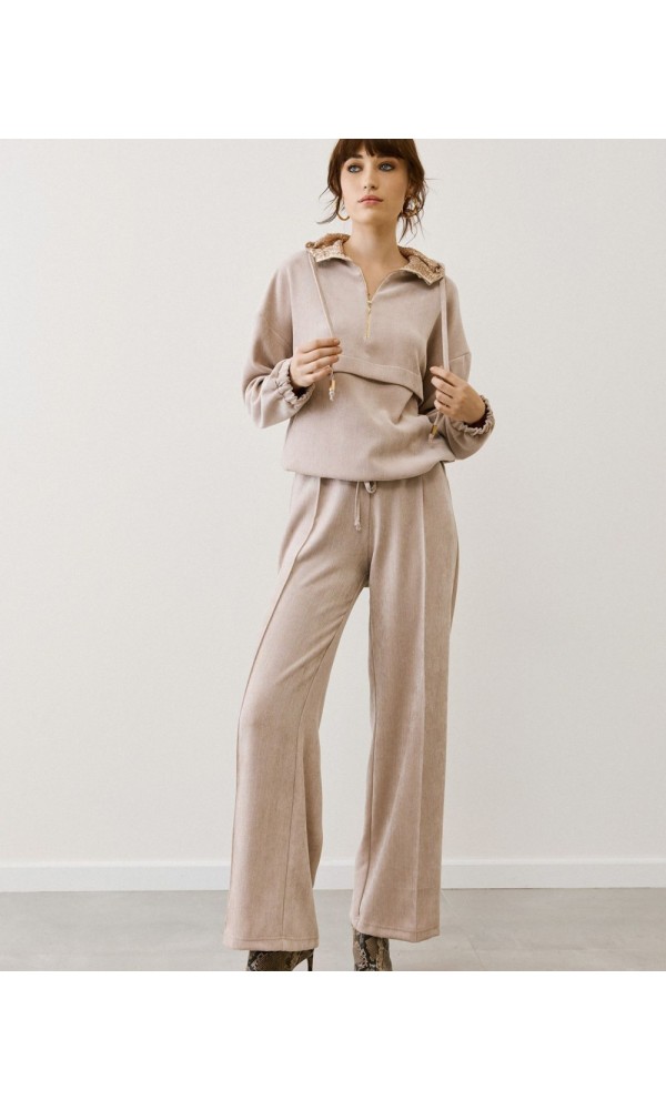 Φόρμα με Κουκούλα & Φαρδύ Παντελόνι – Μπεζ - 1