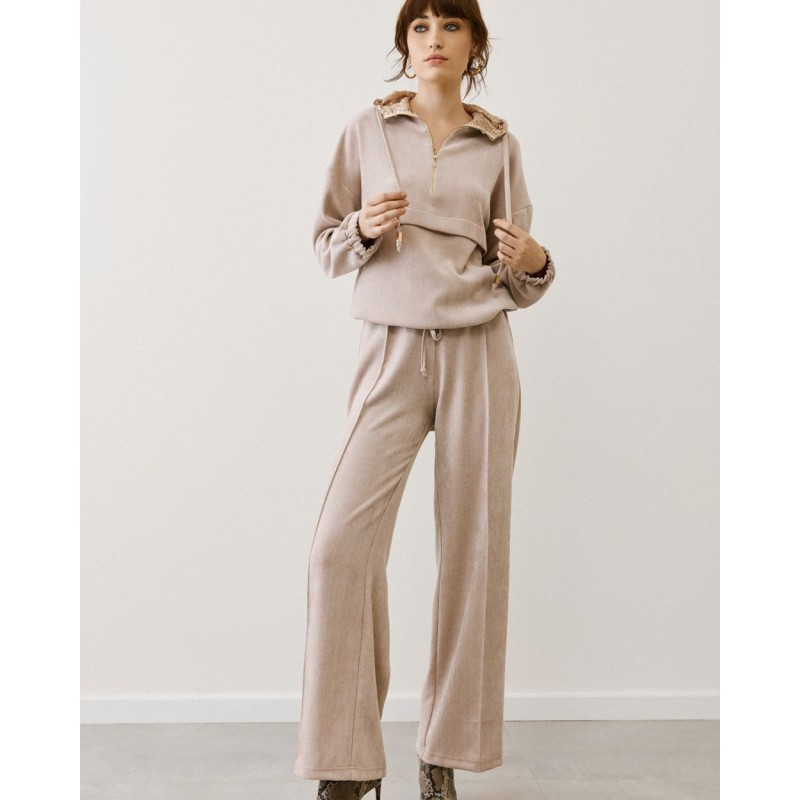 Φόρμα με Κουκούλα & Φαρδύ Παντελόνι – Μπεζ - 1