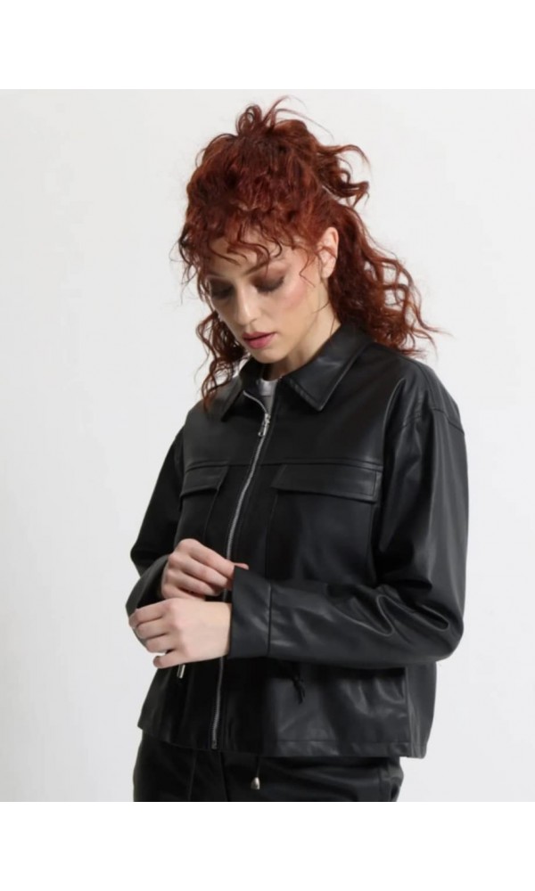 Γυναικείο Eco-Leather Σακάκι με Κορδόνι στη Μέση OPHELIA 8867 Μαύρο - 1