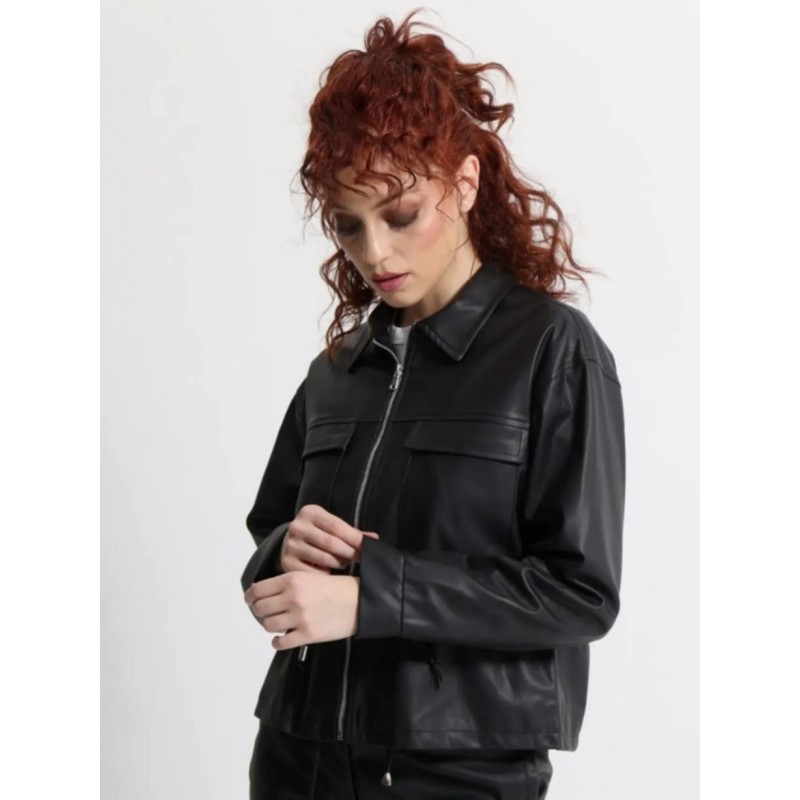 Γυναικείο Eco-Leather Σακάκι με Κορδόνι στη Μέση OPHELIA 8867 Μαύρο - 1