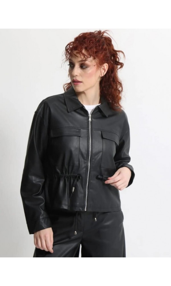 Γυναικείο Eco-Leather Σακάκι με Κορδόνι στη Μέση OPHELIA 8867 Μαύρο - 2