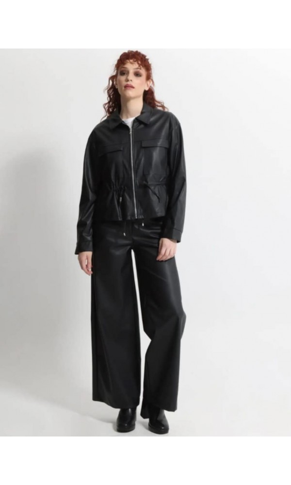 Γυναικείο Eco-Leather Σακάκι με Κορδόνι στη Μέση OPHELIA 8867 Μαύρο - 3