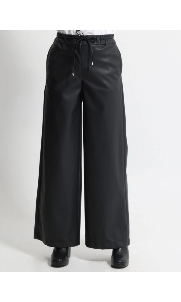 Wide Leg Παντελόνι Eco Leather με Λάστιχο στη Μέση 7767 Μαύρο - 1