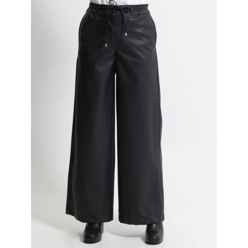 Wide Leg Παντελόνι Eco Leather με Λάστιχο στη Μέση 7767 Μαύρο - 1