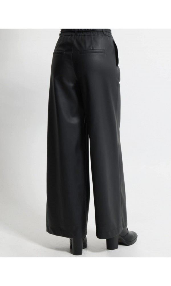Wide Leg Παντελόνι Eco Leather με Λάστιχο στη Μέση 7767 Μαύρο - 3