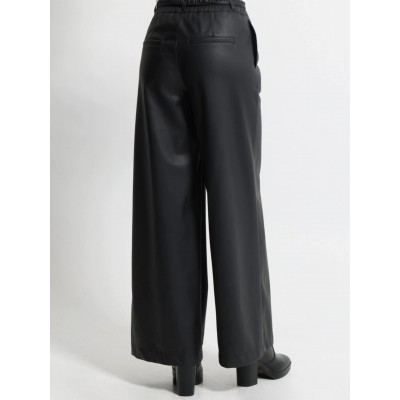 Wide Leg Παντελόνι Eco Leather με Λάστιχο στη Μέση 7767 Μαύρο - 3