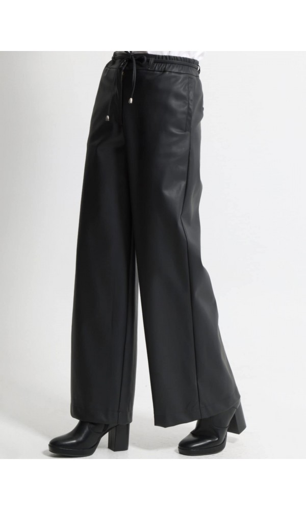 Wide Leg Παντελόνι Eco Leather με Λάστιχο στη Μέση 7767 Μαύρο - 4