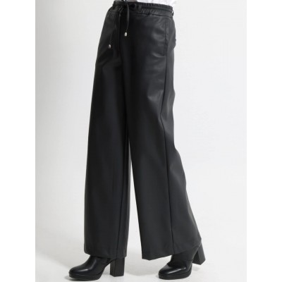 Wide Leg Παντελόνι Eco Leather με Λάστιχο στη Μέση 7767 Μαύρο - 4