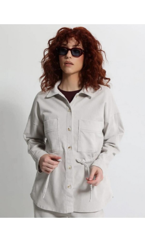 Γυναικείο Κοτλέ Πανωφόρι με Τσέπες και Κορδόνι στη Μέση MINDY 8712 Εκρού - 1