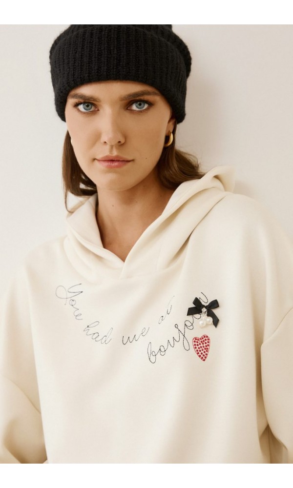 EIGHTY2 Κρεμ φούτερ με κουκούλα και κέντημα - 3