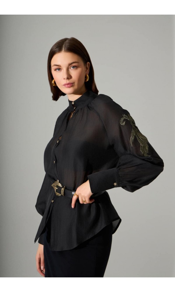 Πουκαμίσα μαύρη διαφάνεια με κεντητή λεπτομέρεια - 1