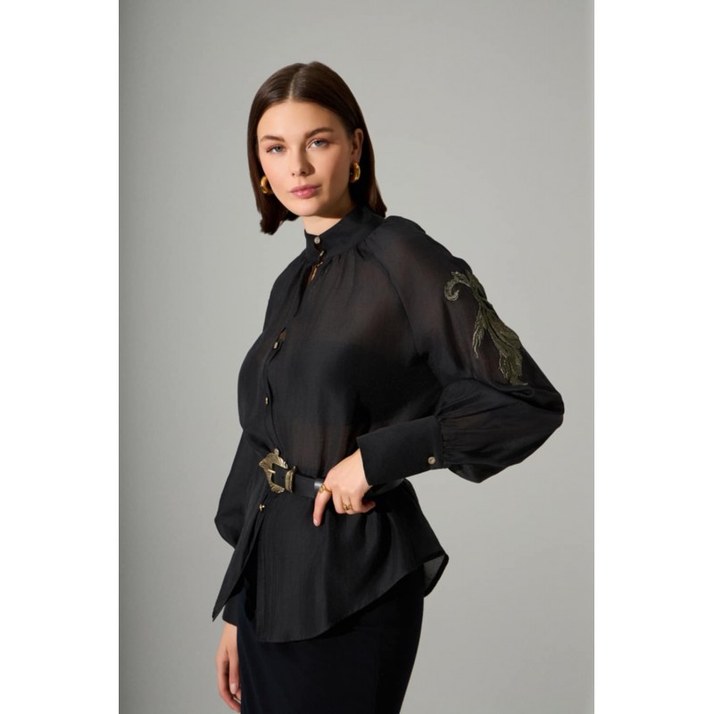 Πουκαμίσα μαύρη διαφάνεια με κεντητή λεπτομέρεια - 1