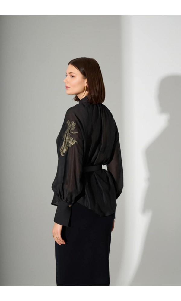 Πουκαμίσα μαύρη διαφάνεια με κεντητή λεπτομέρεια - 2