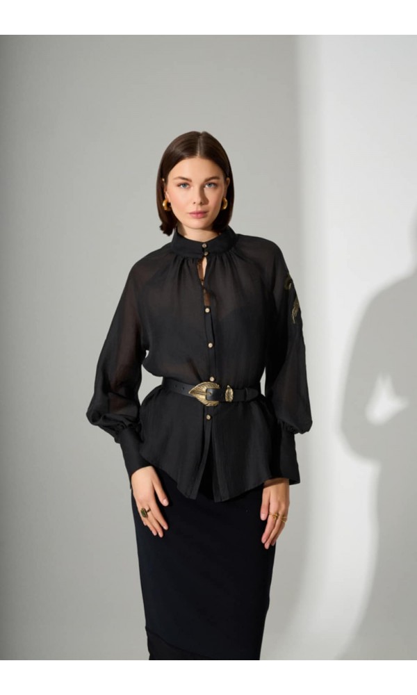 Πουκαμίσα μαύρη διαφάνεια με κεντητή λεπτομέρεια - 3