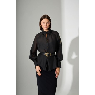 Πουκαμίσα μαύρη διαφάνεια με κεντητή λεπτομέρεια - 3